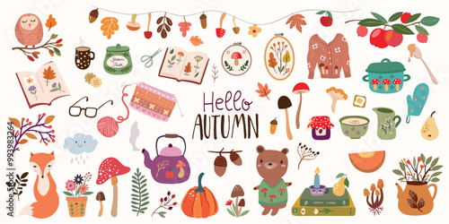 
Hello Autumn elements collection with seasonal icons, animals, plants, decorative design