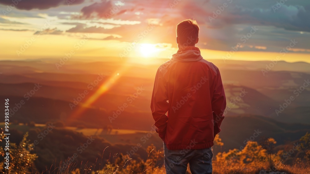 Obraz premium Man in Nature Admiring Scenic Valley During Sunset - Perfect for Outdoor Adventure Prints
