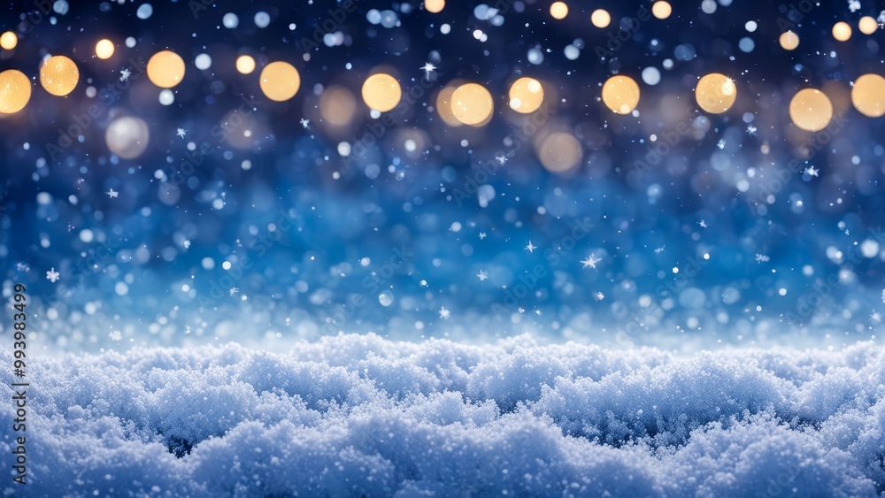 Obraz premium snow cover in the foreground and falling snow, blurry lights and snowflakes in the background