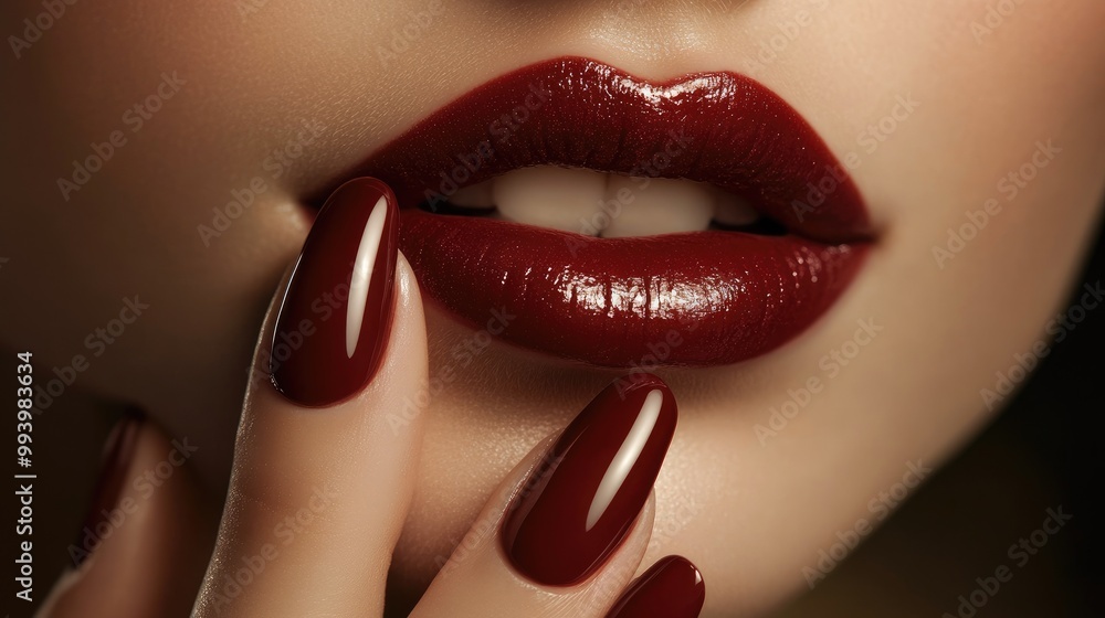 Obraz premium A glamorous close-up of red lips and long, perfectly manicured nails, embodying bold elegance and style.