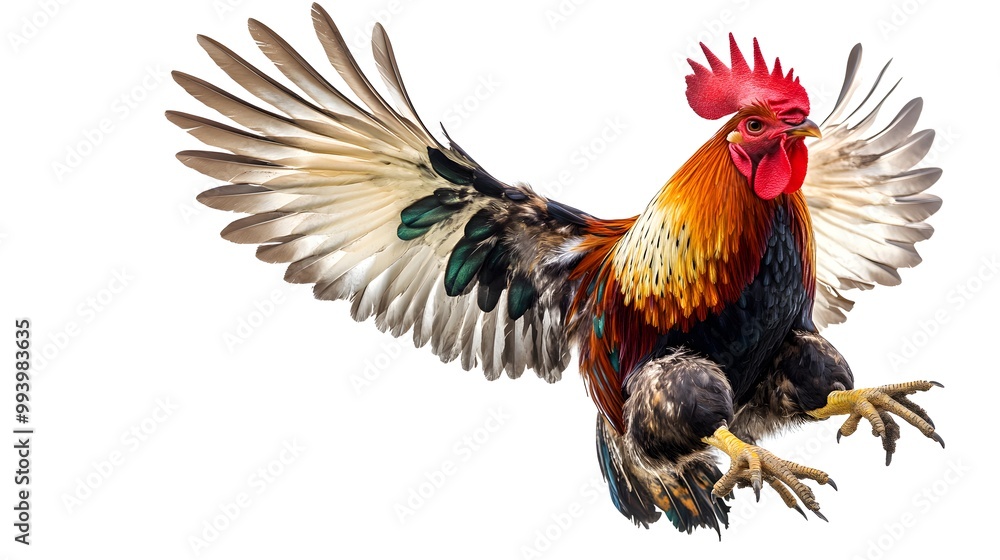 Fototapeta premium Majestic Rooster Spreading Its Colorful Feathered Wings Proudly in a Farm or Barnyard Setting
