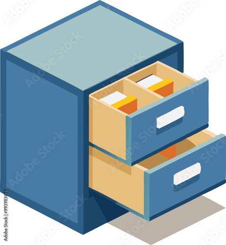 Isometric file cabinet with open drawers, office organization and storage illustration