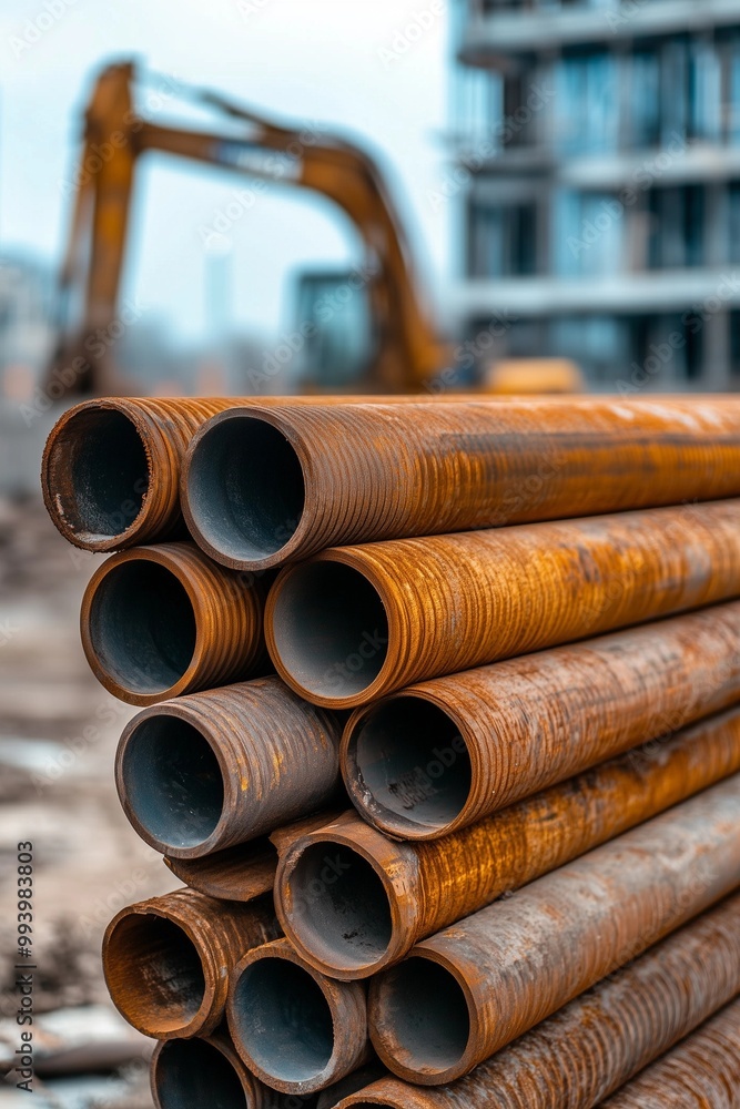 Vertical Metal Pipes Stacked for Construction with Industrial Machinery in the Background Vertical Metal Pipes Stacked for Construction with Industrial Machinery in the Background