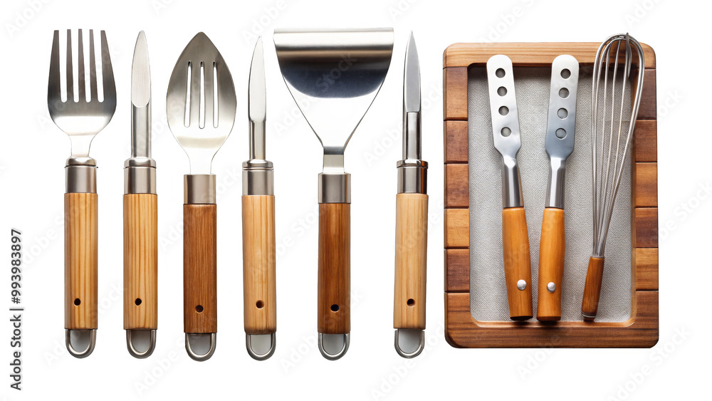 High quality barbecue tool set featuring spatula, fork, and tongs with bamboo handles, arranged neatly on clean white background. Perfect for grilling enthusiasts! High quality barbecue tool set featuring spatula, fork, and tongs with bamboo handles, arranged neatly on clean white background. Perfect for grilling enthusiasts!