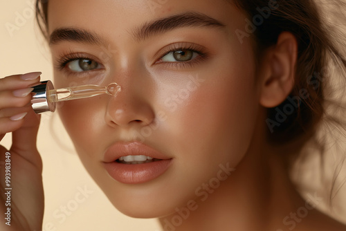 Close-up of a woman dropping a clear serum to her face