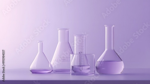 Four Glass Laboratory Flasks Filled with Purple Liquid on a Lavender Background