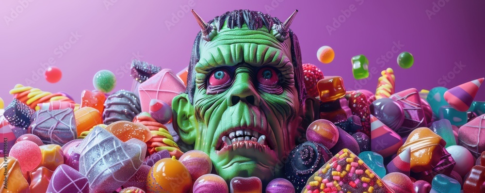 Green-skinned Frankenstein’s monster surrounded by colorful Halloween candy. Free copy space for banner. Green-skinned Frankenstein’s monster surrounded by colorful Halloween candy. Free copy space for banner.