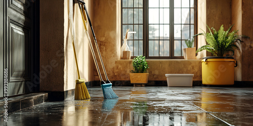 Home Cleaning Equipment in a Flooded Living Room