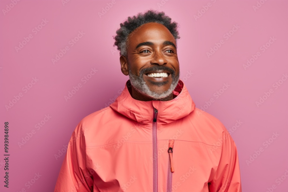 Portrait of a glad afro-american man in his 40s wearing a windproof softshell isolated in solid pastel color wall Portrait of a glad afro-american man in his 40s wearing a windproof softshell isolated in solid pastel color wall