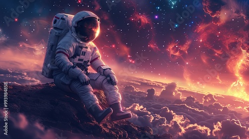 Astronaut look on earth. Cosmonaut floating in air in weightlessness on spaceship and looking outside. Universe explorer and adventure, snugly vector scene