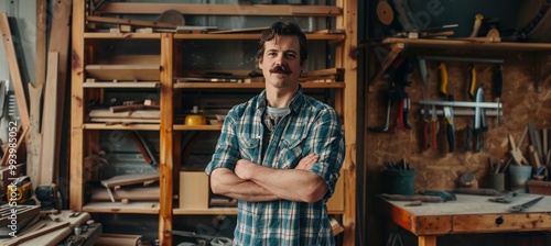 Artisan Beside Handcrafted Wooden Bookshelf in Home Workshop - Rugged Creative Spirit for DIY Projects