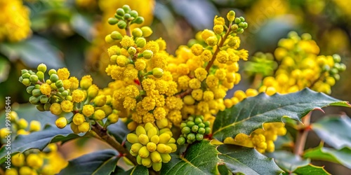 Blooming Mahonia holly with yellow buds in a public park wine flower. 