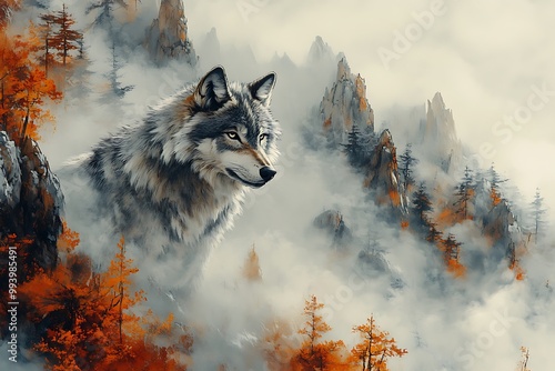 Watercolor painting of a wolf in the mountains