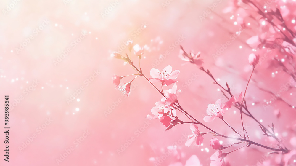 Fototapeta premium Pink flowers bloom in a field under a rosy sky Minimalist background 