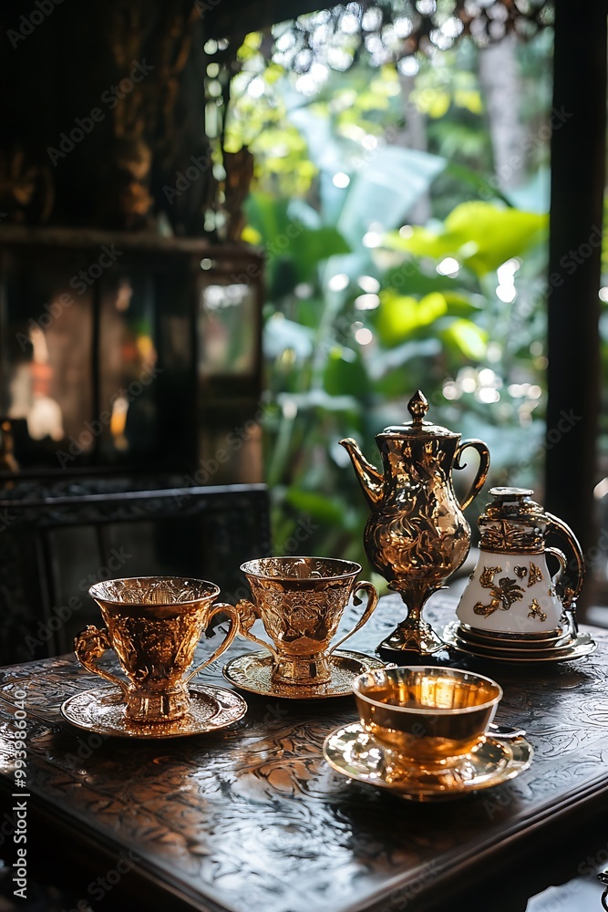 Golden Tea Set on a Wooden Table with Blurred Greenery Background. Golden Tea Set on a Wooden Table with Blurred Greenery Background.