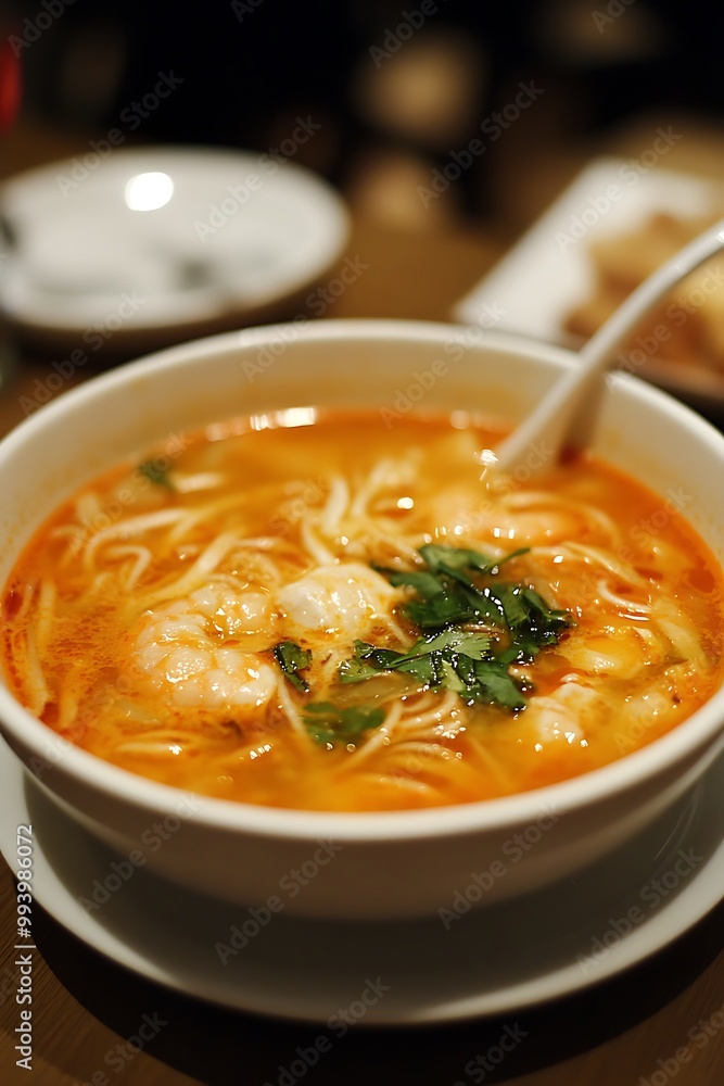 Close-up of a bowl of Tom Yum soup with noodles and shrimp. Close-up of a bowl of Tom Yum soup with noodles and shrimp.