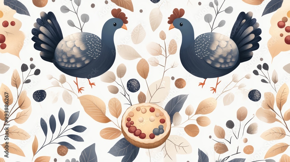 A charming illustration featuring two birds, foliage, and a pie, perfect for autumn-themed decor. A charming illustration featuring two birds, foliage, and a pie, perfect for autumn-themed decor.