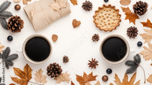 Wallpaper Mural Warm coffee cups surrounded by autumn leaves, pine cones, and pie, creating a cozy seasonal atmosphere. Torontodigital.ca