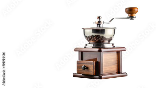 classic coffee grinder with wooden base and metal bowl, showcasing coffee beans inside. This elegant design adds touch of vintage charm to any kitchen