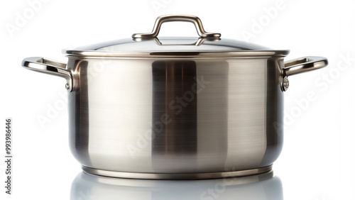 stainless steel stockpot with lid, featuring polished finish and sturdy handles, perfect for cooking soups and stews. Its sleek design adds elegance to any kitchen photo