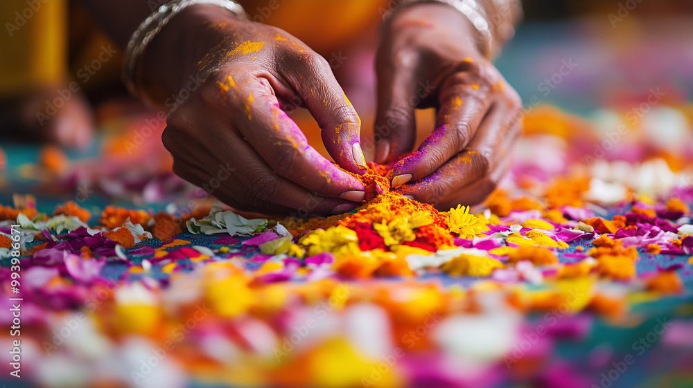 A close-up of hands decorating a Diwali rangoli with colorful powders and flower petals, showcasing intricate patterns and bright colors. Ai generated A close-up of hands decorating a Diwali rangoli with colorful powders and flower petals, showcasing intricate patterns and bright colors. Ai generated