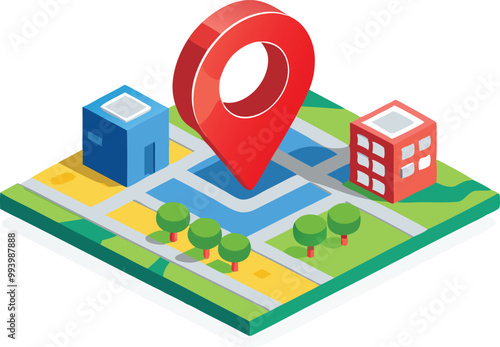 Isometric map with a location pin, representing navigation and destination concept