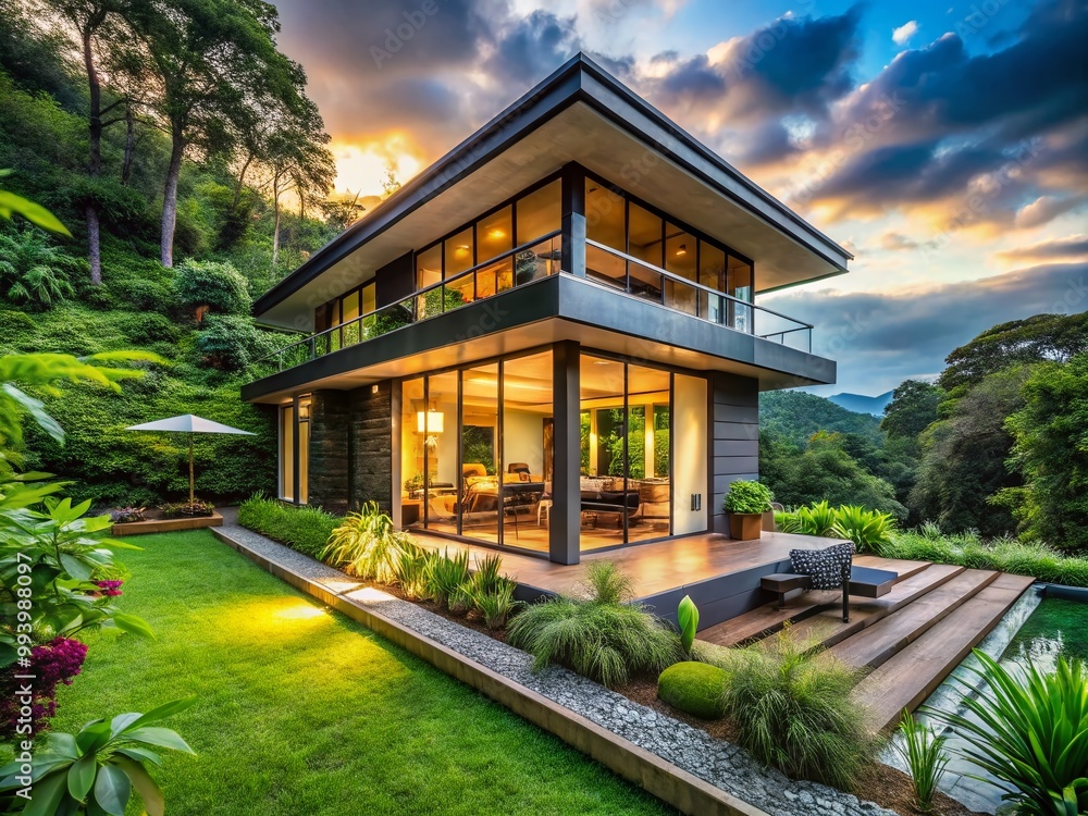 Contemporary Guest House with Sleek Architecture Surrounded by Lush Greenery and Natural Light Contemporary Guest House with Sleek Architecture Surrounded by Lush Greenery and Natural Light