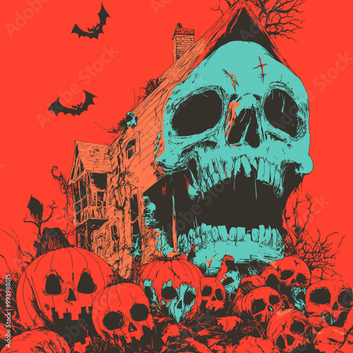 Skull emerging from a haunted mansion with pumpkins and bats in red night