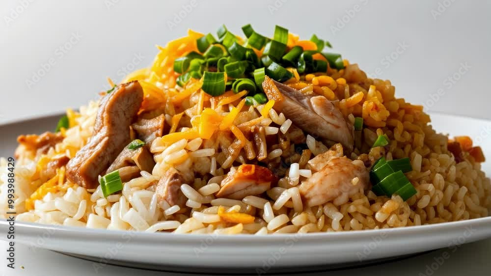 A vibrant plate of chicken fried rice garnished with green onions, showcasing a delicious home cooked meal A vibrant plate of chicken fried rice garnished with green onions, showcasing a delicious home cooked meal