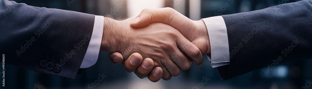 Two business professionals engaged in a handshake, symbolizing agreement, partnership, and mutual trust in a corporate setting. Two business professionals engaged in a handshake, symbolizing agreement, partnership, and mutual trust in a corporate setting.