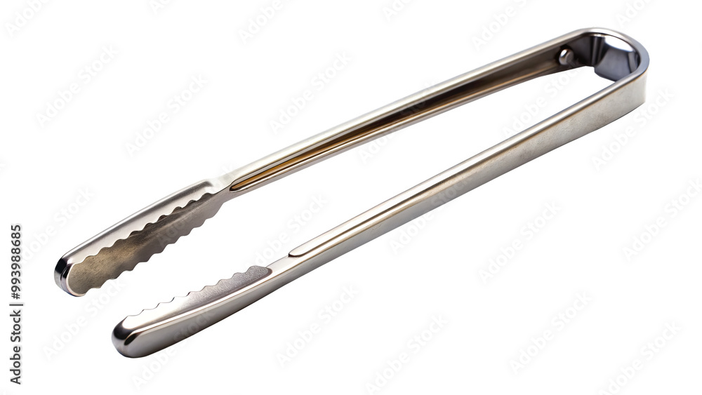 Stainless steel tongs on clean white background, showcasing their sleek design and functionality. Perfect for serving and cooking, these tongs are kitchen essential Stainless steel tongs on clean white background, showcasing their sleek design and functionality. Perfect for serving and cooking, these tongs are kitchen essential