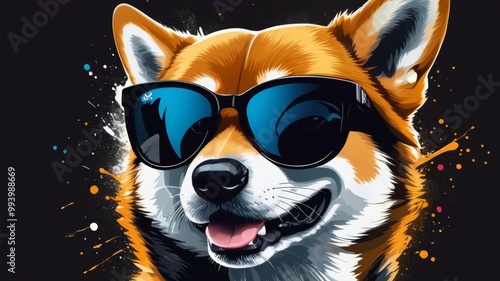 A shiba inu dog with sunglasses, highlighted by a black background, presenting a fun and trendy appearance.