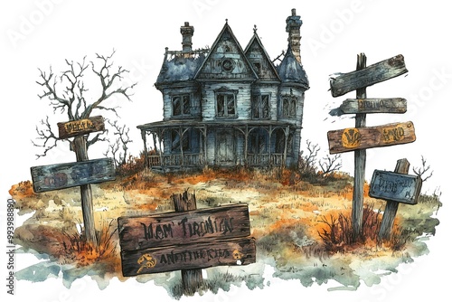 Halloween party background, full moon night illustration, Halloween pumpkin ghost, abandoned house, cemetery, bat, scary tree and Halloween elements Scary website Banner template Vector illustration photo