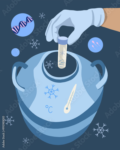 A scientist in a glove places a test tube into a cryogenic tank for sperm freezing, illustrating modern reproductive technology