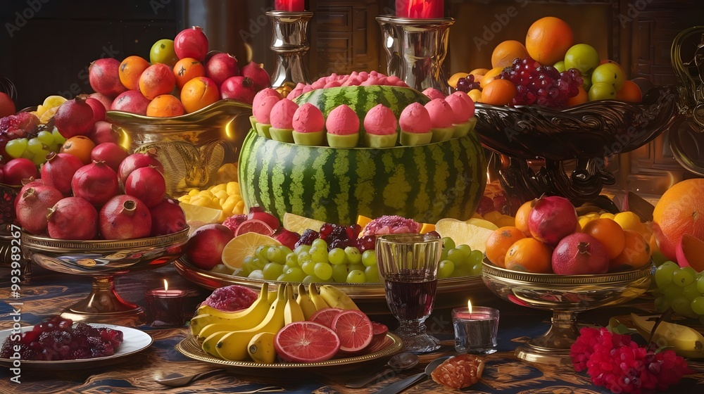 Lavish Yalda Night Banquet Ornate Watermelon Bowl Overflowing with Vibrant Fruits and Elegant Candlelit Atmosphere Lavish Yalda Night Banquet Ornate Watermelon Bowl Overflowing with Vibrant Fruits and Elegant Candlelit Atmosphere