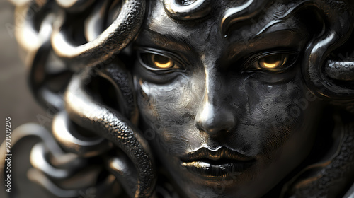 Mythological gorgon medusas petrifying gaze reflected 3d illustration. Gorgon. Illustration photo