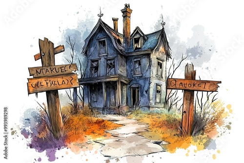 Halloween party background, full moon night illustration, Halloween pumpkin ghost, abandoned house, cemetery, bat, scary tree and Halloween elements Scary website Banner template Vector illustration photo