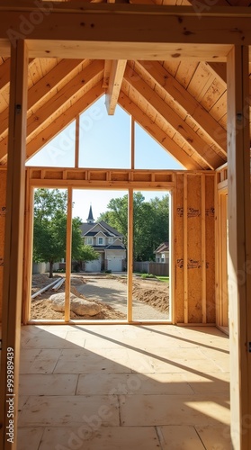 Macro shot of new house construction in residential neighborhood