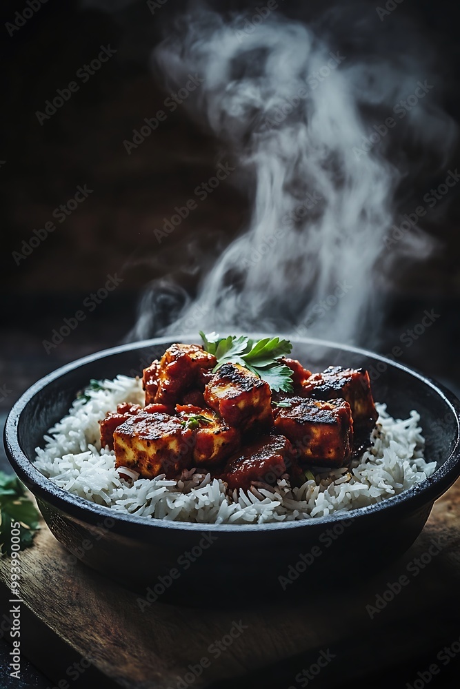 Steaming Bowl of Indian Paneer Butter Masala with Rice. Steaming Bowl of Indian Paneer Butter Masala with Rice.