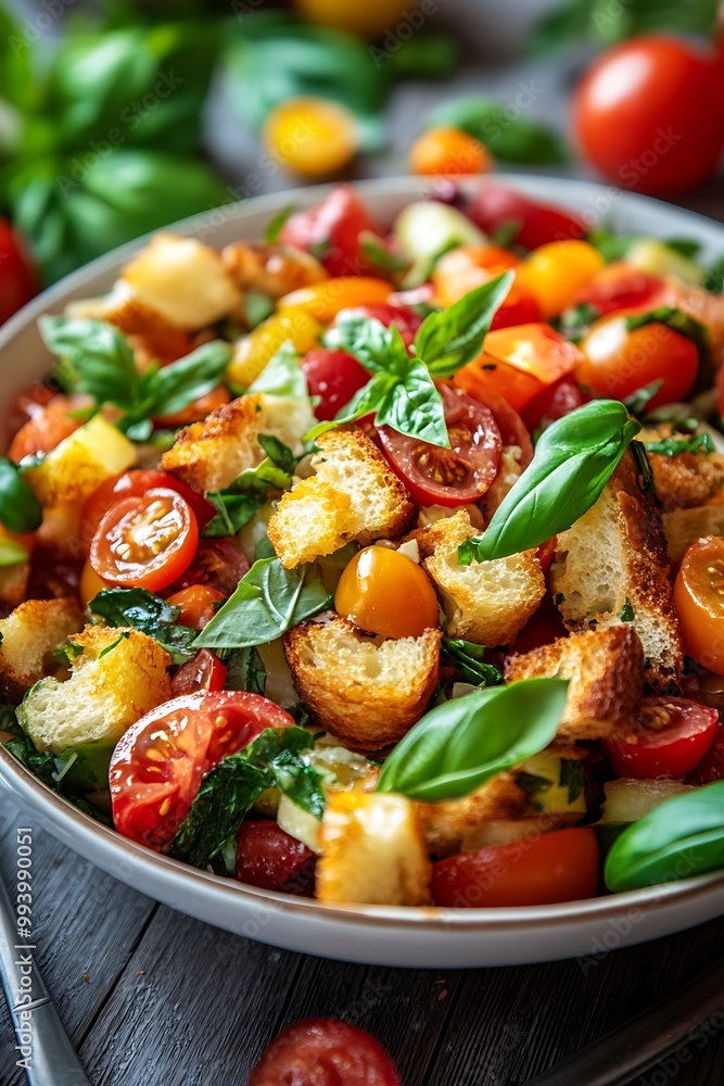 Close-up of a bowl of fresh tomato, basil, and crouton salad. Close-up of a bowl of fresh tomato, basil, and crouton salad.