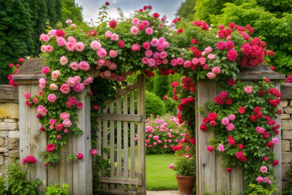 Fototapeta premium Wooden gate covered in blooming roses in lush garden