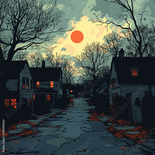 Deserted suburban street with glowing windows under a cloudy sky and large full moon