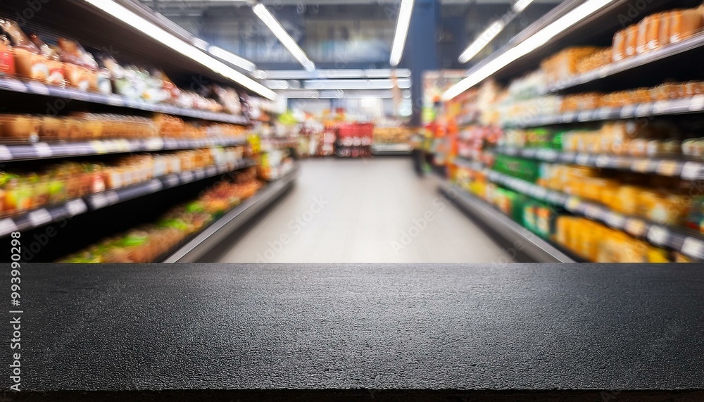 Tabletop in a supermarket. Black countertop against the backdrop of a grocery store. Empty concrete platform for product presentation. shopping in supermarket. shopping cart in supermarket Tabletop in a supermarket. Black countertop against the backdrop of a grocery store. Empty concrete platform for product presentation. shopping in supermarket. shopping cart in supermarket