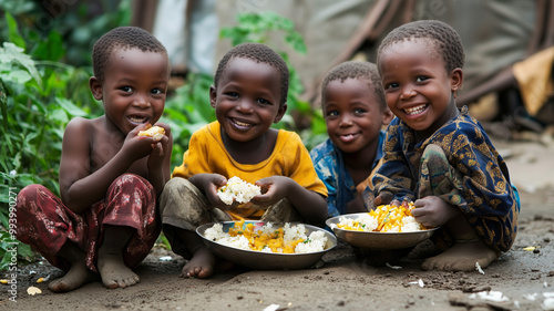An African company working with impoverished children has some images of children playing and eating. Ai generated