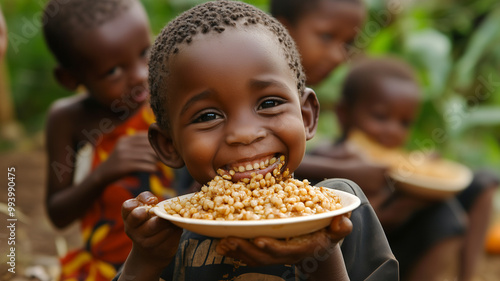 An African company working with impoverished children has some images of children playing and eating. Ai generated