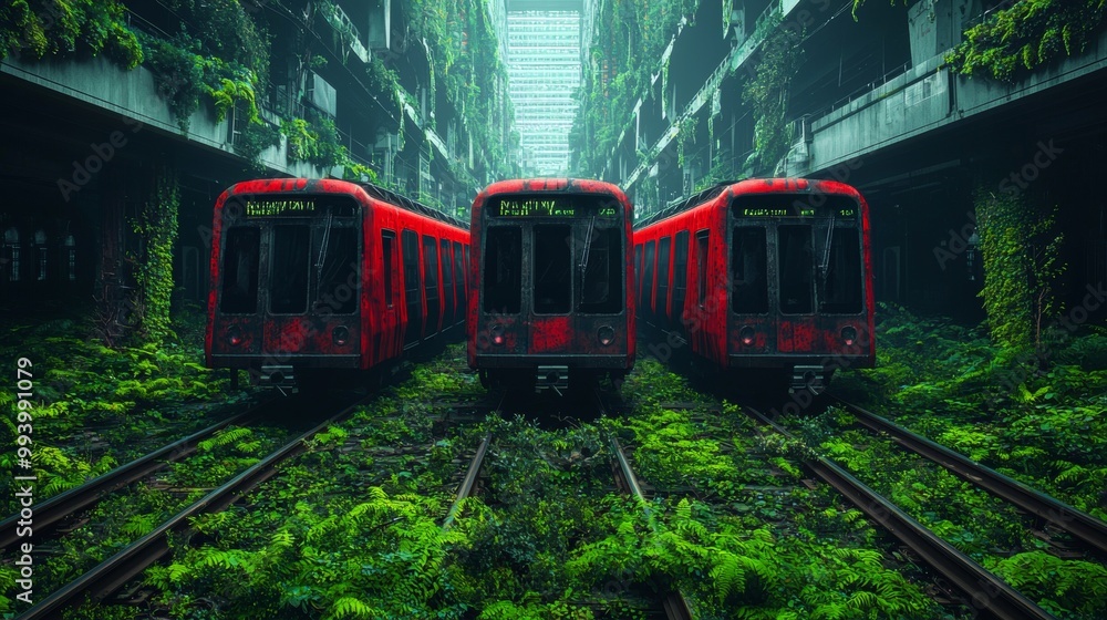 Fototapeta premium Abandoned red trains surrounded by lush green foliage, showcasing the contrast between nature and urban decay in a forgotten station.