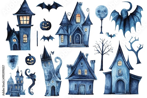 Halloween party background, full moon night illustration, Halloween pumpkin ghost, abandoned house, cemetery, bat, scary tree and Halloween elements Scary website Banner template Vector illustration photo