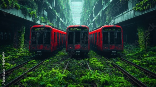 Abandoned red trains surrounded by lush green foliage, showcasing the contrast between nature and urban decay in a forgotten station. photo