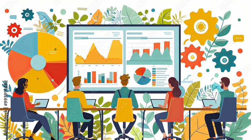 Fototapeta premium Business team collaboration meeting with infographic data presentation on projector screen dashboard, flat vector concept illustration of teamwork, training and analysis of company performance metrics