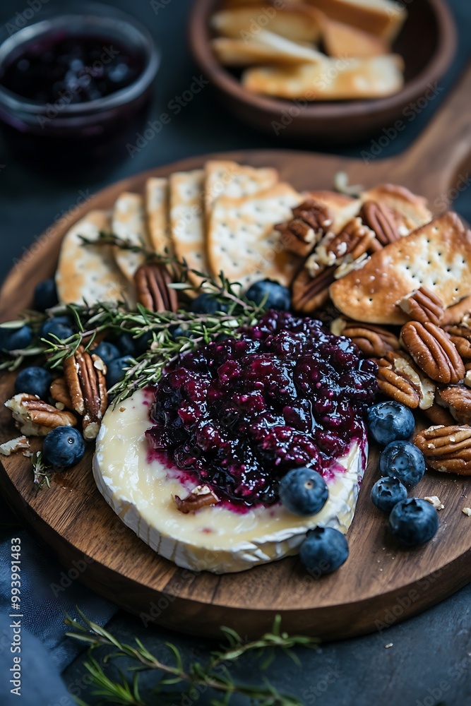 Gourmet Cheese Board with Blueberry Jam, Crackers, Pecans, and Blueberries. Gourmet Cheese Board with Blueberry Jam, Crackers, Pecans, and Blueberries.